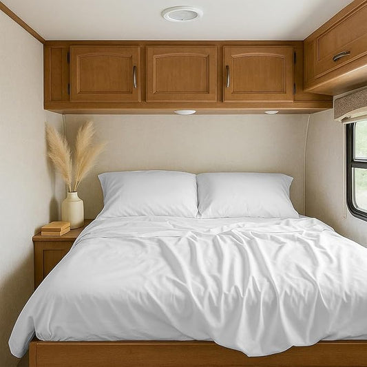 Percale 100% Egyptian Cotton, 500 Thread Count - 4 PC Bedsheet Set - [70" x 80"] RV Camper King Size for RV Bed, Percale White, 10" Extra Deep Pocket, CampingComfort, ComfortOnTheRoad