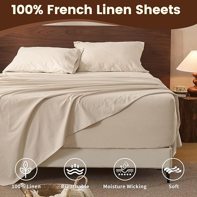 100% Linen Sheet Set Queen Size Extra Deep Pocket Fits 18-24 Inch Mattress, Breathable & Soft, Smooth 4-Piece Set for Thick Mattresses Hotel Luxury Bedding（Queen, Linen）