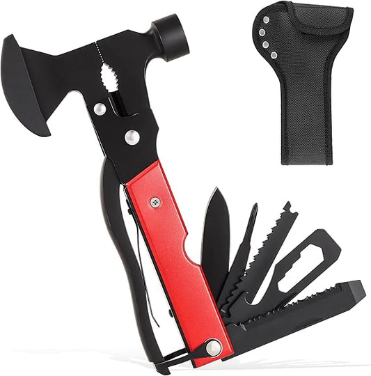14-In-1 Multitool Camping Hammer - Survival Gear with Axe, Knife, Screwdriver, Pleirs, Saw, Bottle Opener and More -Portable Outdoor Tool Gift with Nylon Sheath for Men & Dad