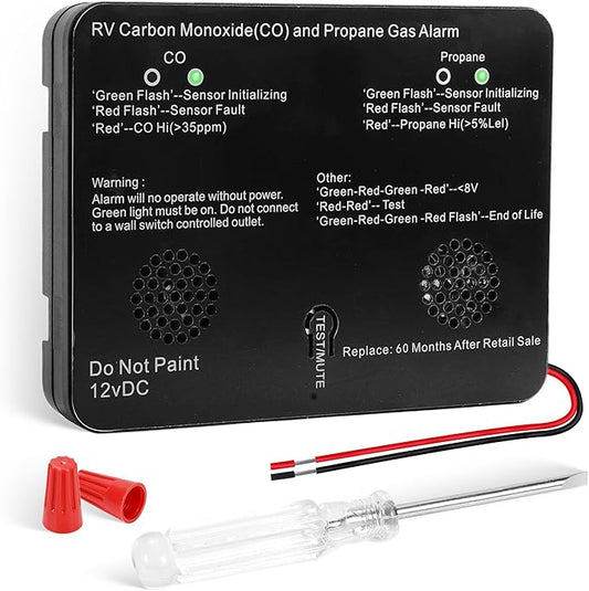 RV Carbon Monoxide/Propane Gas Detector, Dual LP/CO Alarm with LED Light, 100dB Loud, 12VDC, Black