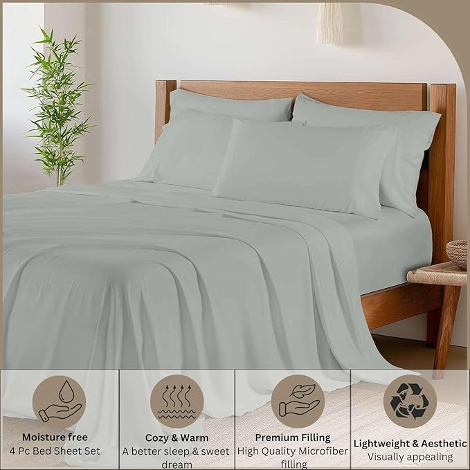 Luxury 4 Piece Rv King Sheet Set, Ultra Soft Microfiber Sheets with Deep Pockets, Fits Mattresses up to 10 Inches, 72" x 80", Light Grey Solid