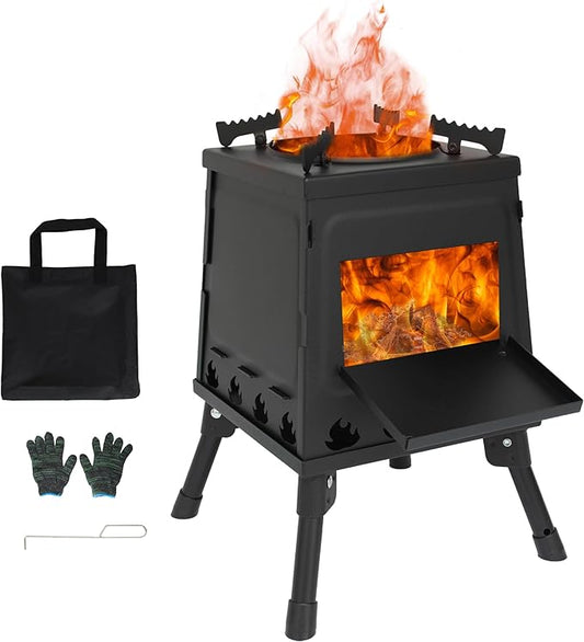 Camping Wood Stove, Portable Wood Burning Stove, Backpacking Folding Camp Tent Heat Mini Outdoor Stove with Carrying Bag, for Cooking Heating Picnic hiking BBQ Travel RV (Large)