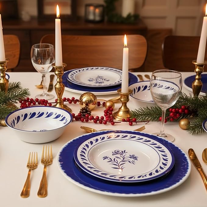 Melamine Dinnerware Sets,12-Piece Plates and Bowls Sets,Durable&Lightweight Kitchen Dish set for 4,Dishwasher Safe, Indoor and Outdoor Use,Blue