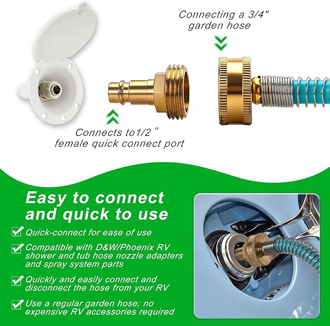 RV External Shower, 3/8 in by 15-Foot Coil Hose with 1/2 Inch Quick Connect Adapter for RV Outdoor Shower, Boat Hose Coil, 3/4 Inch Fittings (No Sprayer) (No Sprayer)