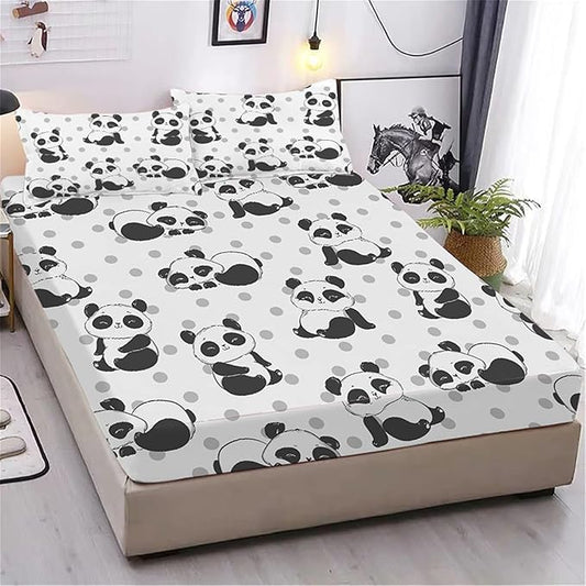 Cute Panda Fitted Sheet and Pillowcase Twin Size, Polka Dot Lovely Panda Sheet Set for Kids Boys Girls Teens, Soft Microfiber Cartoon Animal Fun Bedding Decor 2 Piece Kids Bed Sheet