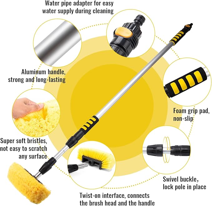 Rv Wash Brush, 1 Pcs Car Wash Brush with 5-11 Ft(60"-132") Extendable Handle,On/Off Button to Control Water Flow Soft Bristle for Cleaning Car, Boat, Truck, RV, House Siding, Solar Panels, Ect