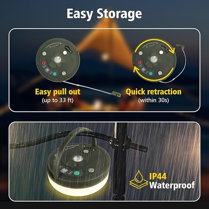 Camping String Lights 33ft 100LED, 4 in 1 Rechargeable 100LED Outdoor Tent String Lights with 14 Lighting Modes Remote Control Waterproof with Timer Function for Camping Gear Essentials Hiking Garden
