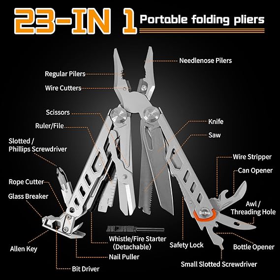 23-in-1 Multitool Pliers with Scissors,Window Breaker, Rope Cutters,Flint, Saw, Screwdrivers,High-carbon Steel Multi Tool with Carrying Pouch Ideal for Camping Survival and Gift for Dad Him Men