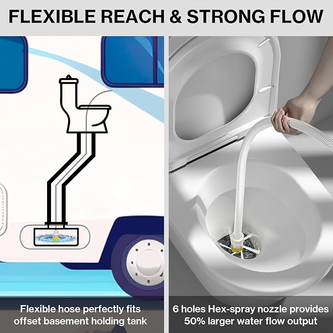 57 inch RV/Camper Flexible Holding Tank Cleaner with 6-Hole Rotary Spray Nozzle, Control Handle, and Powerful Hexagonal Water Jet for Black Tank Treatment. US Garden Hose Thread Compatible