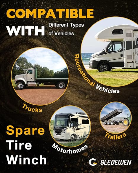 Spare Tire Hoist, Spare Tire Winch Carrier, Compatible with RVs Trailers Trucks Motorhomes, Spare Tyre Holder with Offset Cable, Spare Wheel Towing Winch, Spare Tire Lift Assembly, LC159056, 159056