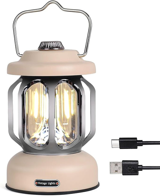 Rechargeable LED Camping Lanterns, Vintage Camping Lights Battery Operated, Portable Retro Metal Glamping Lights for Hiking, Hurricane, Decoration, Power outages, White, 1 Pack