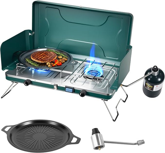 2-Burner Propane Stove, Portable Camping Cooktop with 2 Adjustable Burner and Wind Guards, 20000BTU Camping Stove with Ignition & Griddle for Camping,Tailgating, BBQ, Grilling,Outdoor Gear