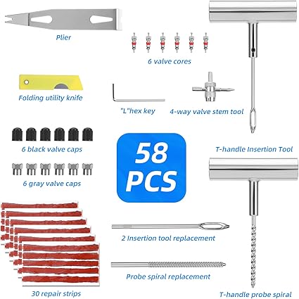 58 Pcs Universal Tire Repair Kit - 68pcs Heavy Duty Tire Plug Kit, Universal Tire Repair Tools to Fix Punctures and Plug Flats Patch Kit for car Motorcycle, Truck, ARB，ATV, Tractor, RV, SUV, Trailer