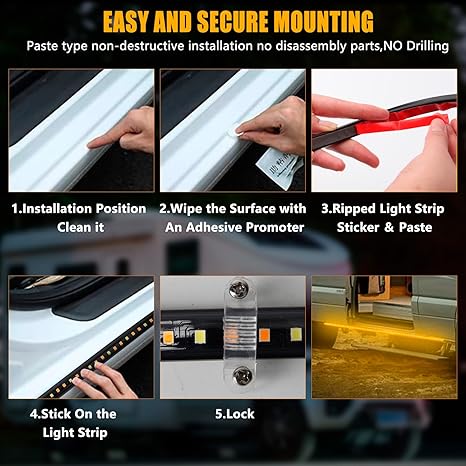 2Pcs LED Running Board Lights 8 Feet Side Maker Light Sequential Amber Turn Signal & White Courtesy Light 12V-14V Emergency Lighting Strips Extended Crew Cab RV Trailer