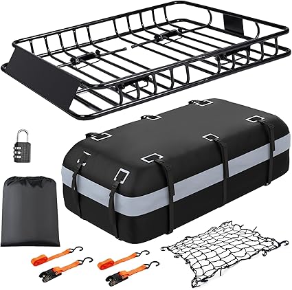 Heavy Duty Universal Rooftop Cargo Carrier Roof Rack, 64"x36"x5" Roof Rack Basket with 20 Cu.Ft Waterproof Bag, for SUV, Truck and Van, 250lbs Capacity, Corrosion Resistant (ROOF 64" and Bag)