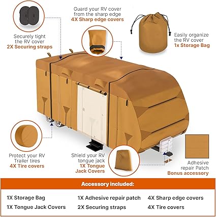 20-22ft Travel Trailer Camper RV Cover Package Premium Heavy-Duty Waterproof Anti-UV Breathable Fabric Including Jack Cover 4 Tire Covers and 2 Secure Straps