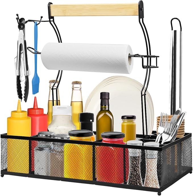 Grill Caddy for Camping Outdoor BBQ Organizer with 2 Paper Towel Holders, Picnic Condiment Utensil Caddy with 8 Compartments Storage Tool Gift for RV Camper/Tailgate Essentials/Flatware Must