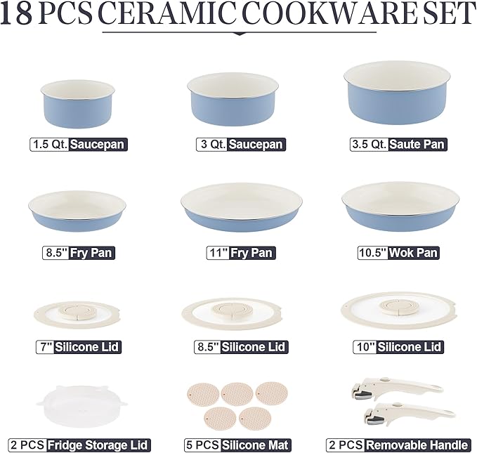 Pots and Pans Set - Ceramic Cookware Set Detachable Handle Pots and Pans With Removable Handles Kitchen Pans for Cooking Pot Set Nonstick Non Toxic Camping Cookware for RV Travel Gift