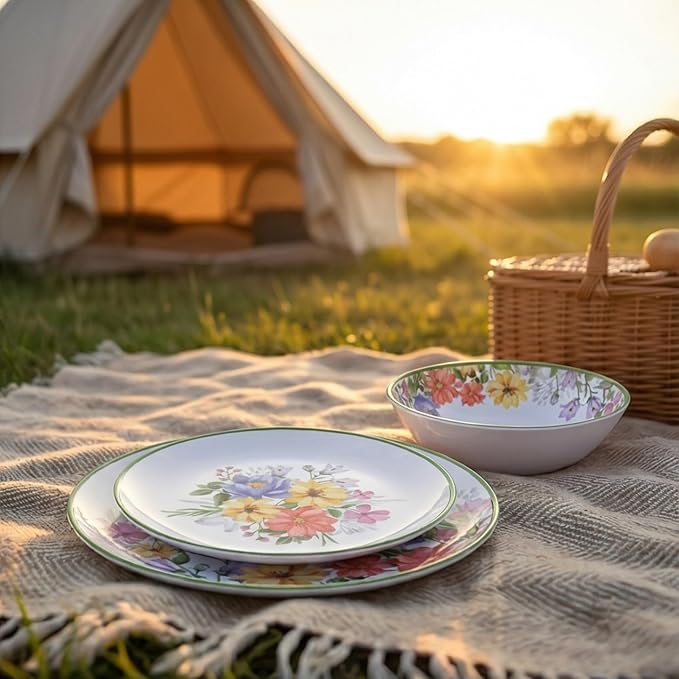 12 Piece Floral Melamine Dinnerware Sets, Green Camping Dishes Set, Spring Lightweight Plates and Bowls Sets, Service for 4, Unbreakable Dishwasher Safe Dish Set for Indoor & Outdoor Use