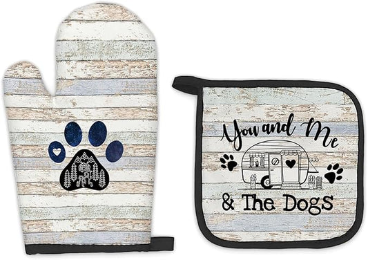 Camper Dog Lover Gifts Oven Mitts and Pot Holders Sets, Gifts for Camping Dog Lovers Kitchen Accessories Sets, Camping Dog Themed Heat Resistant Oven Glove Potholders for Rv Kitchen Cooking BBQ