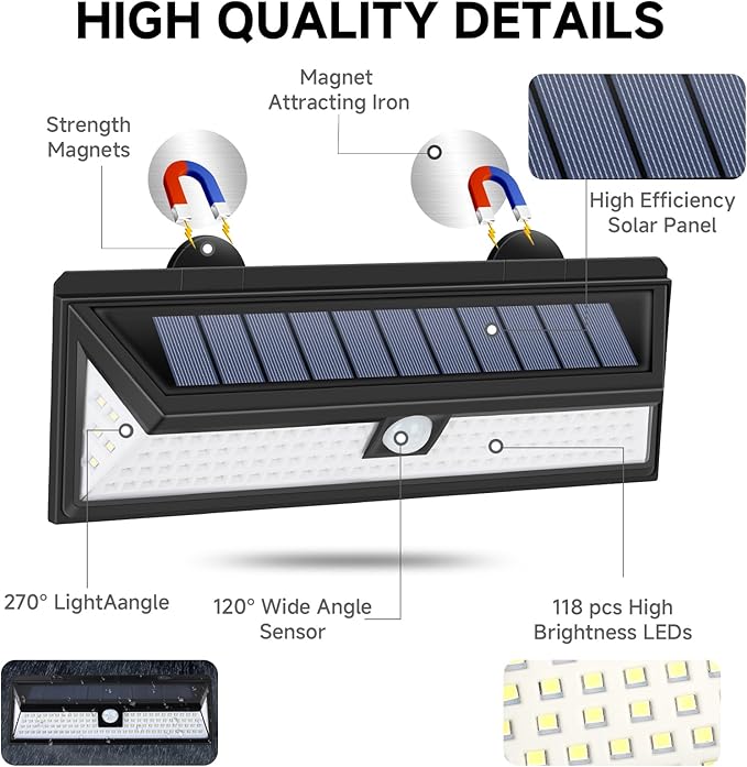 Magnetic Solar RV Light with Motion Sensor, 118 LED Ultra Bright Exterior RV Light, 2400mAh Battery, Easy Install with 2 Strong Magnets, Waterproof Camper & Truck Outdoor Porch Lighting