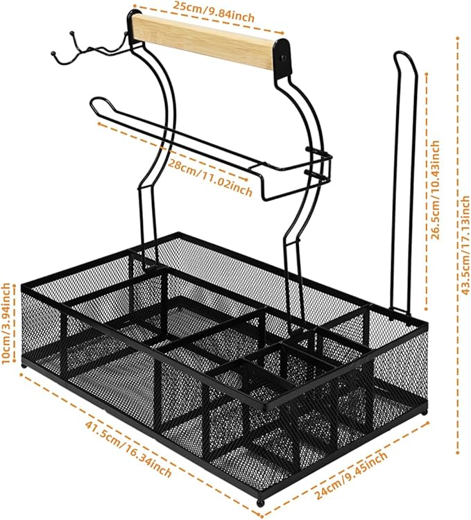 Grill Caddy for Camping Outdoor BBQ Organizer with 2 Paper Towel Holders, Picnic Condiment Utensil Caddy with 8 Compartments Storage Tool Gift for RV Camper/Tailgate Essentials/Flatware Must