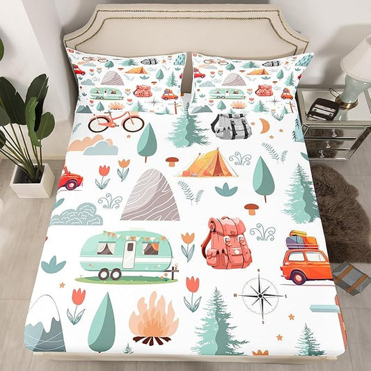 Kids Camper Theme Bed Sheets Set Full 4Pcs, Happy Camping Bedding Set, Travel Car Rv Accessories Sheets, Botanical Flowers Mountain Adventure Top Sheet, Cute Camper Flat Fitted Sheet Bedroom Decor