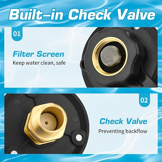 RV City Water Inlet with Brass Check Valve, Fresh Water Fill Flange for Camper Hookup, Durable RV Water Replacement Connection Fittings, Black