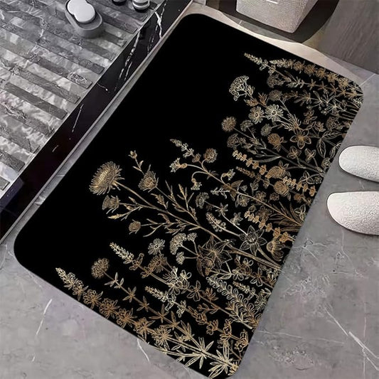 Vintage Black and Gold Boho Bathroom Rugs, Black and Tan Cream Floral Aesthetic Dark Wildflower Botanical Flowers Outdoor Rug, Soft Non Slip Floor Rugs for Living Room Doormat, 17x29
