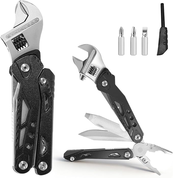 Multitool, 14-in-1 Adjustable Wrench with Screwdrivers, Knife, Saw, Pliers, Ferro Rod, Whistle, Survival Kits for Outdoor Adventures, Camping, Hiking, Fishing, DIY & Repairs