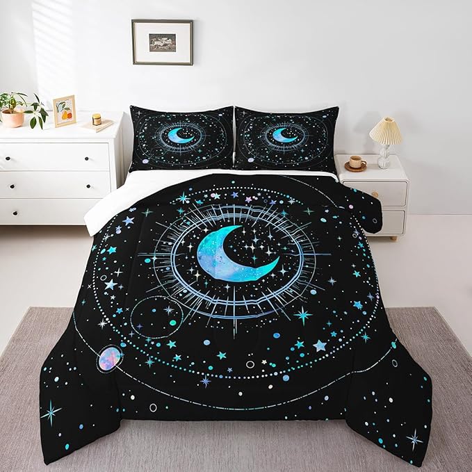 Stars and Moon Full Size Comforter Set,Blue Galaxy Bedding Set for Adults Teens,Children Space Starry Sky Comforter Luxury Constellation Quilt Set Room Decor 3Pcs