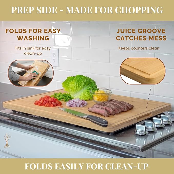 Extra Large Foldable Stovetop Cover Cutting Board – Double-Sided 29" x 21" Collapsible Charcuterie Noodle Board – XL Prep Deck & Sink Cover for more Counter Space
