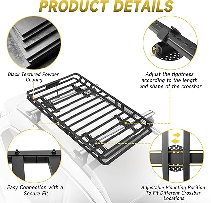 60" x 36" x 5" Roof Rack Cargo Basket, Heavy Duty Carbon Steel Rooftop Carrier, 250 lbs Capacity Waterproof Car Top Luggage Holder for SUV, Truck, RV, Pickup