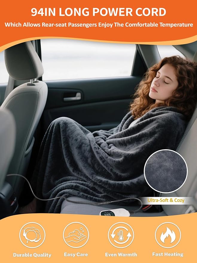 12V Heated Car Blanket Flannel Gentle Soft with 3 Time 9 Heating Settings Portable Electric Automobile Heating Throw Warm Gifts for Winter SUV RV Camping Essentials 59”x39”