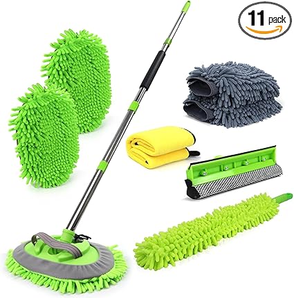 62'' Car Wash Brush with Long Handle Car Wash Mop Mitt Chenille Car Cleaning Kits Windshield Window Squeegee Car Duster Microfiber Towel Gloves for Cars RV SUV Truck 11PCS