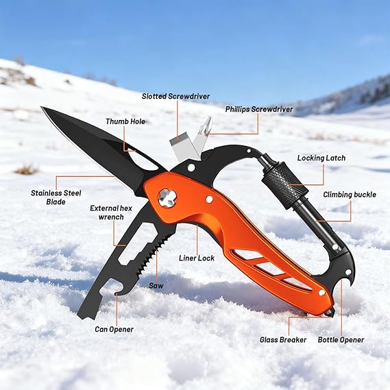 9 in 1 Multitool Carabiner Pocket Knife, Stocking Stuffers Gifts for Women, EDC Carabiners with Folding Knives, Bottle Opener, Window Breaker and Screwdriver, Survival Gear for Camping Hiking (Orange)