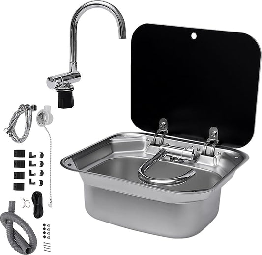 Folding RV Sink & Faucet Combo W/Lid, Bar Kitchen Sink 15 x 17 In Undermount Drop-in Sinks 304 Stainless Steel Single Bowl Workstation Sink Caravan Camper Van Boat Trailer Sink Hand Wash Basin