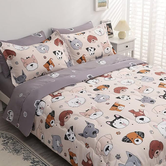 7 Piece Kids Dog Bedding Comforter Set for Boys Girls Full Size Bed in a Bag Cute Cartoon Animal Soft　Microfiber Bed Set with Comforter Sheets Pillowcase Sham Gray and Cream White