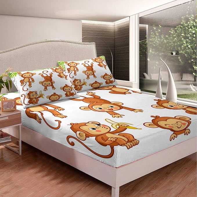 Kids Cute Monkeys Bed Sheet Set Cartoon Monkey Banana Decor Bed Sheets for Kids Boys Girls Wild Animal Pattern Bedding Set Natural Wildlife Fitted Sheet Bedroom Collection 3Pcs Full Size