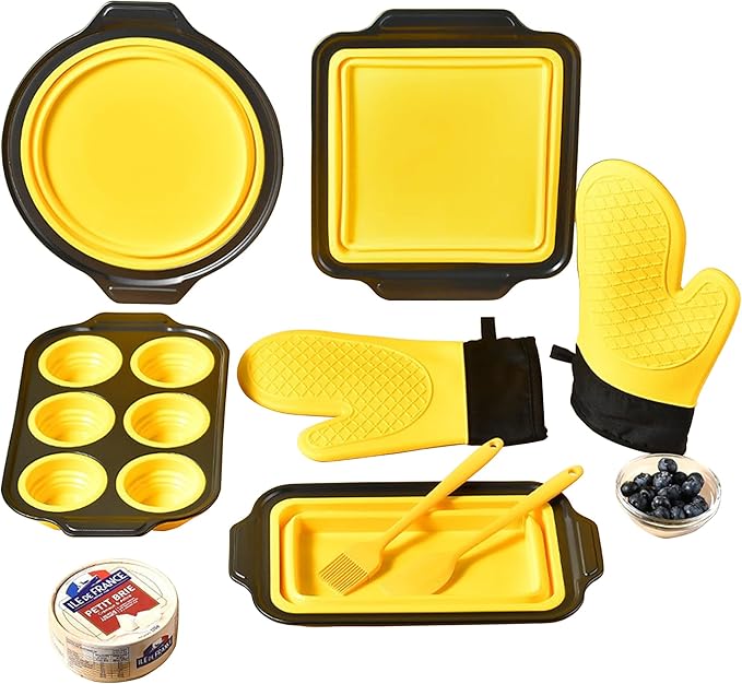 8 Piece Nonstick Baking Pans, Silicone Bakeware Set with Press to Release Design, Oven Mitts, Spatula & Brush Flexible, Stackable, BPA Free, Dishwasher & Oven Safe, Yellow