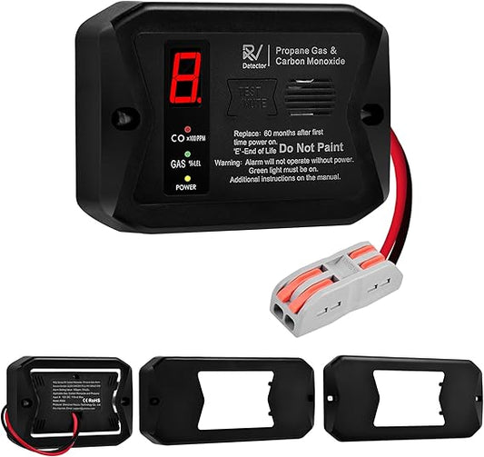 RV Propane Gas Detector, RV Carbon Monoxide and Propane Detectors, 12V DC, 3 Brackets Compatible with All Other Brands, Flush & Surface Mount, Black Color