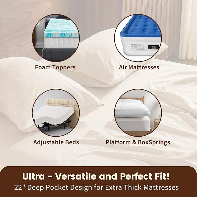 100% Linen Sheet Set Queen Size Extra Deep Pocket Fits 18-24 Inch Mattress, Breathable & Soft, Smooth 4-Piece Set for Thick Mattresses Hotel Luxury Bedding（Queen, Linen）