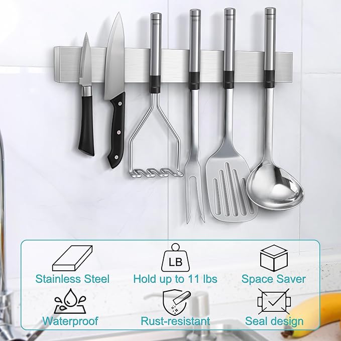 Knife Magnetic Strip, Magnetic Knif e Holder for Wall Mount Fridge Refrigerator Knife Magnet Bar Knife Rack RV Kitchen Utensil Holder Metal Kitchen Tool Holder Knife Block RV Accessories 12 Inch