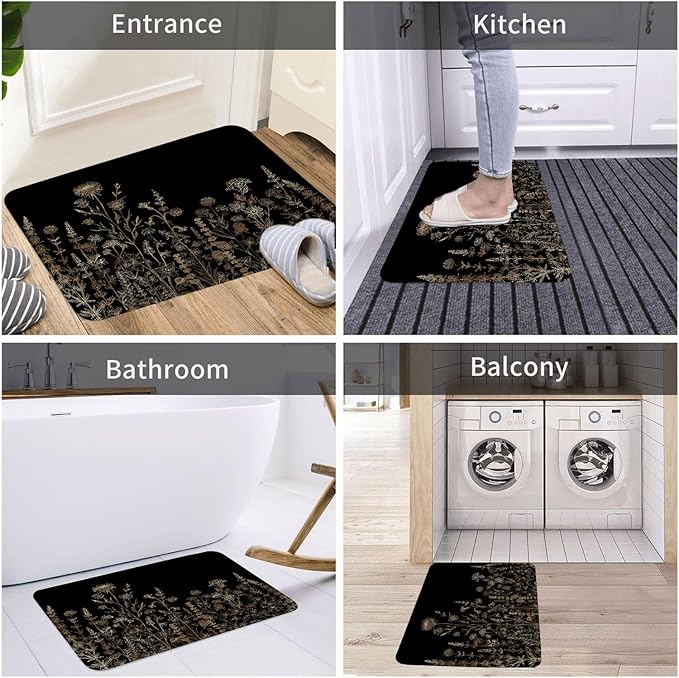 Vintage Black and Gold Boho Bathroom Rugs, Black and Tan Cream Floral Aesthetic Dark Wildflower Botanical Flowers Outdoor Rug, Soft Non Slip Floor Rugs for Living Room Doormat, 17x29