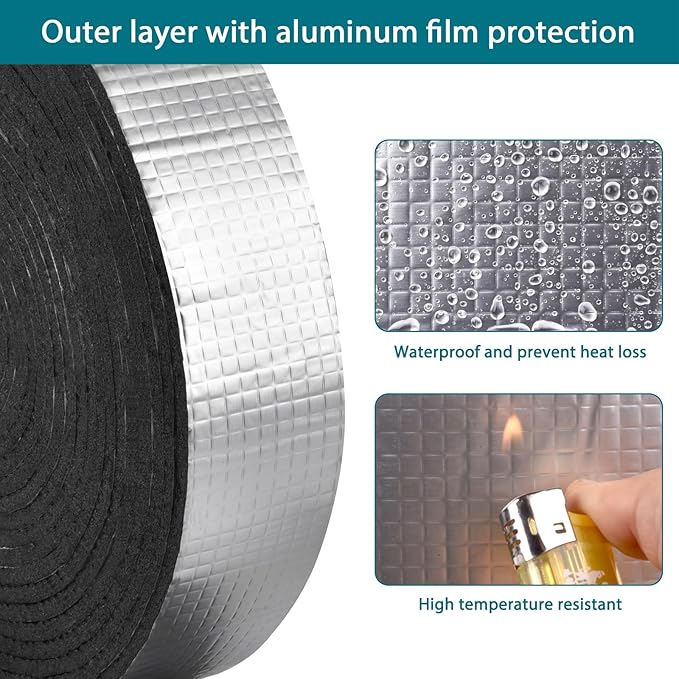 Pipe Wrap Insulation - 33 ft Outdoor Pipe Foam Insulation Tape Self Adhesive for Winter Freeze Protection Insulation Wrap - Aluminum Foil Finish-2" x 33FT