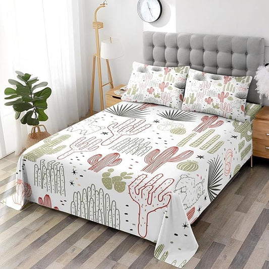 Twin Size Bed Sheet Sets, Mexican Vintage Ivory Soft Microfiber 3 Pcs Bedding Sets for Kids and Adults Bedroom Bed Decor, Cactus Flower Floral Flat, Fitted Sheet and Pillowcases