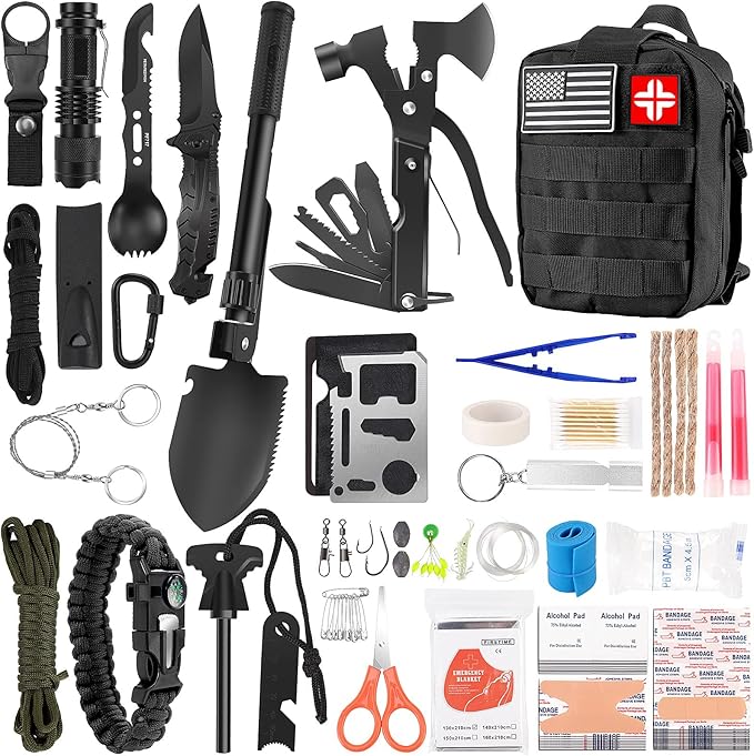 Click to see full view Emergency Survival Kit and First Aid Kit, 142Pcs Professional Survival Gear and Supplies Equipment with Molle Pouch, Gift for Christmas Men Dad Husband Camping Hiking Hunting Outdoor Adventure