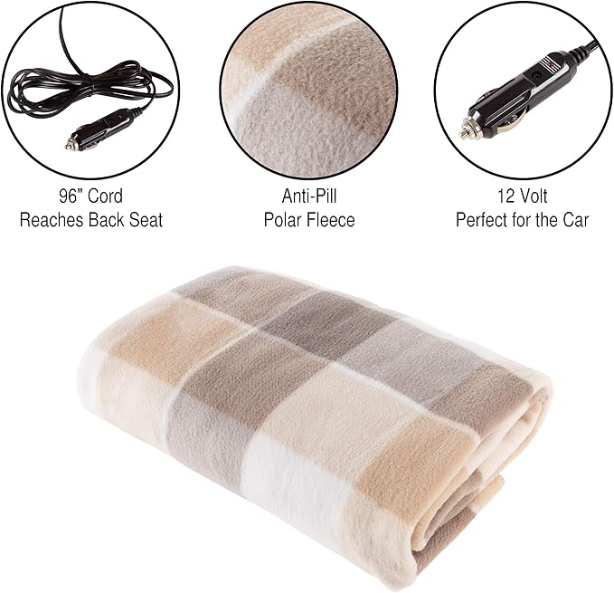 Heated Car Blanket – 12-Volt Electric Blanket for Car, Truck, SUV, or RV – Portable Heated Throw, Camping Essentials (Tan)