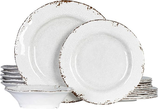 Vintage Melamine Dinnerware Sets, 18 Piece Lightweight and Unbreakable Outdoor Plates and Bowls Set, RV Dishes Set of 6, Chip Resistant Kitchen Plate Set for Indoor and Outdoor Use, White