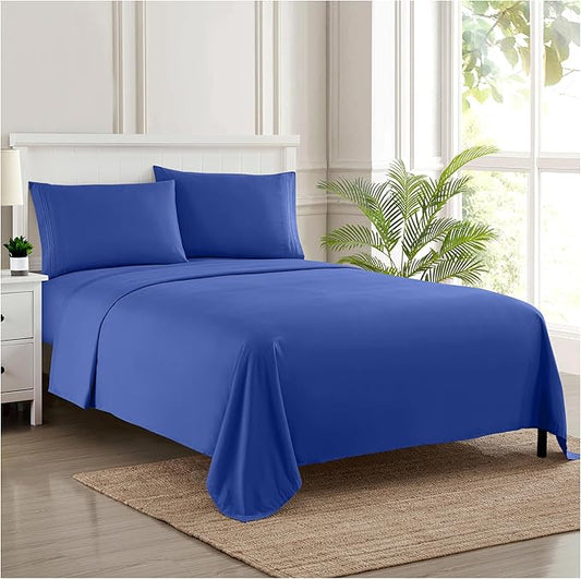 RV Queen Bed Sheets - Breathable Luxury Sheets with Full Elastic & Secure Corner Straps Built In - 1800 Supreme Collection Extra Soft Deep Pocket Bedding Set, Sheet Set, RV Short Queen, Royal Blue